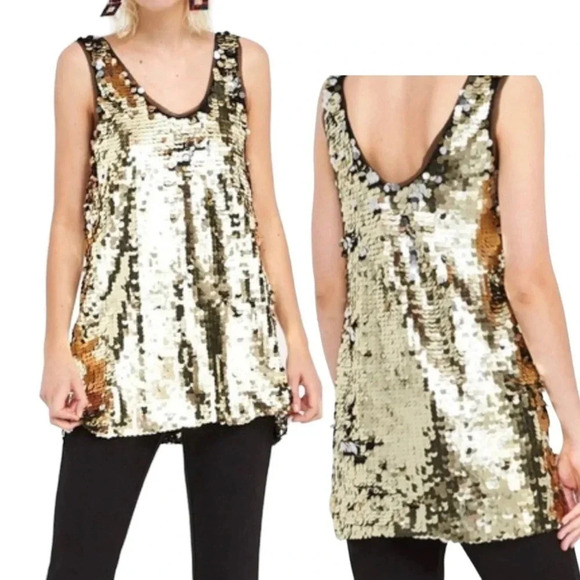 Zara M gold & silver sequined tank black reinforced lining‎ Swiftie Mean Girl - Picture 1 of 9
